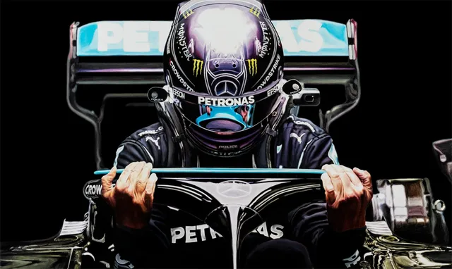 Dipinto di Andrea Del Pesco: LEWIS HAMILTON MERCEDES-AMG PETRONAS W12 F1 COCKPIT 2021 — olio su tela