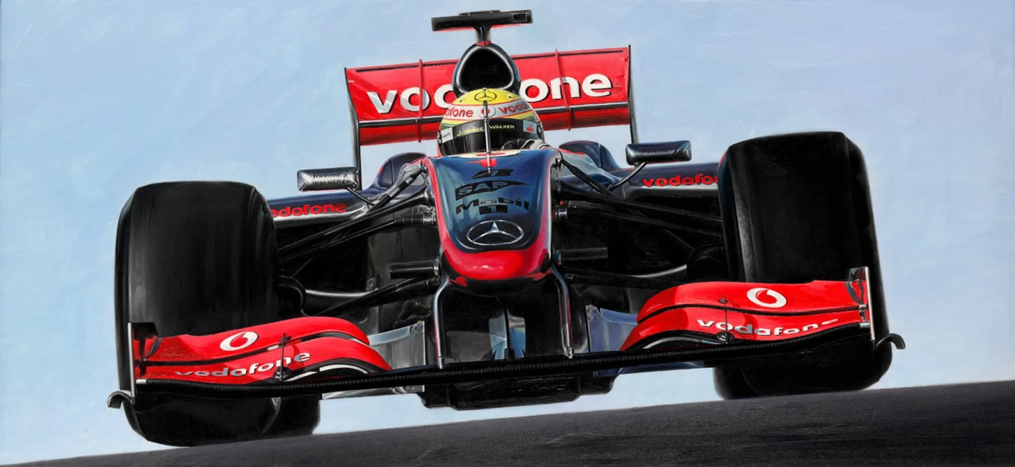 Dipinto di Andrea Del Pesco: LEWIS HAMILTON ON McLAREN-MERCEDES MP4/24 — olio su tela