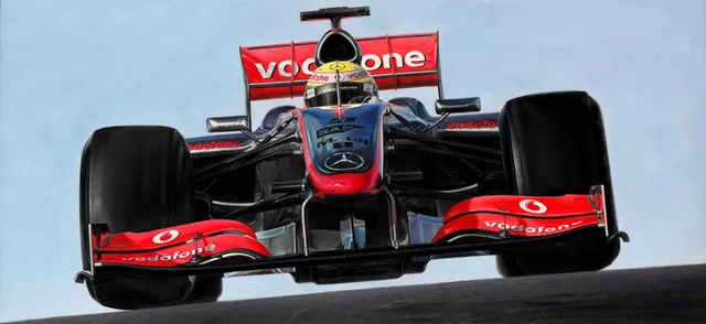 Dipinto di Andrea Del Pesco: LEWIS HAMILTON ON McLAREN-MERCEDES MP4/24 — olio su tela