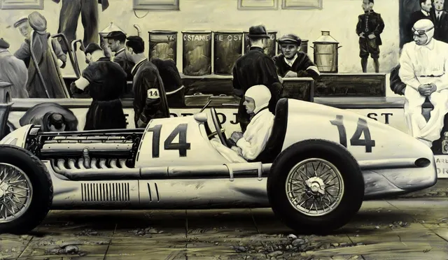 Dipinto di Andrea Del Pesco: MANFRED VON BRAUCHITSCH MERCEDES-BENZ W25E, 1936 — olio su tela