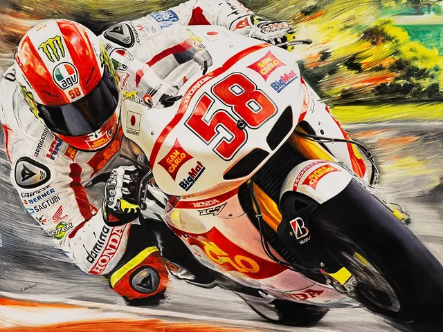 Dipinto di Andrea Del Pesco: MARCO SIMONCELLI HONDA RC212V TEAM SAN CARLO HONDA GRESINI - MOTOGP 2011 — olio su tela