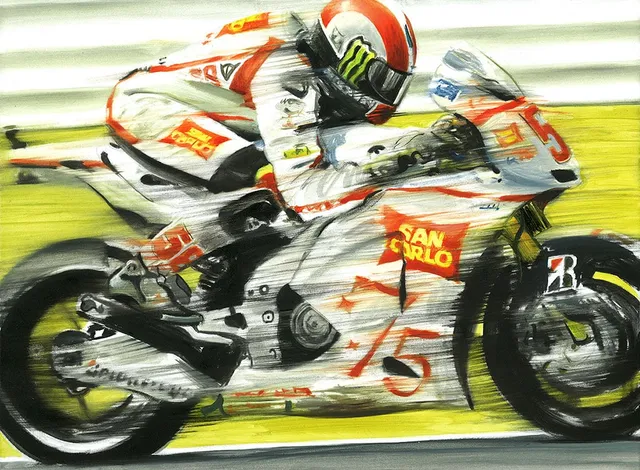 Dipinto di Andrea Del Pesco: MARCO SIMONCELLI HONDA RC212V TEAM SAN CARLO HONDA GRESINI - MOTOGP 2011 — olio su tela