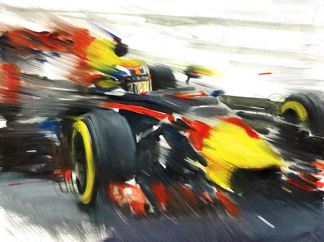 Dipinto di Andrea Del Pesco: MAX VERSTAPPEN ON RED BULL RB12 — olio su tela