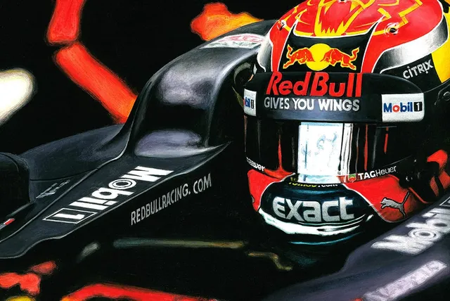 Dipinto di Andrea Del Pesco: MAX VERSTAPPEN RED BULL RB13 COCKPIT — Tempera acrilica su tela