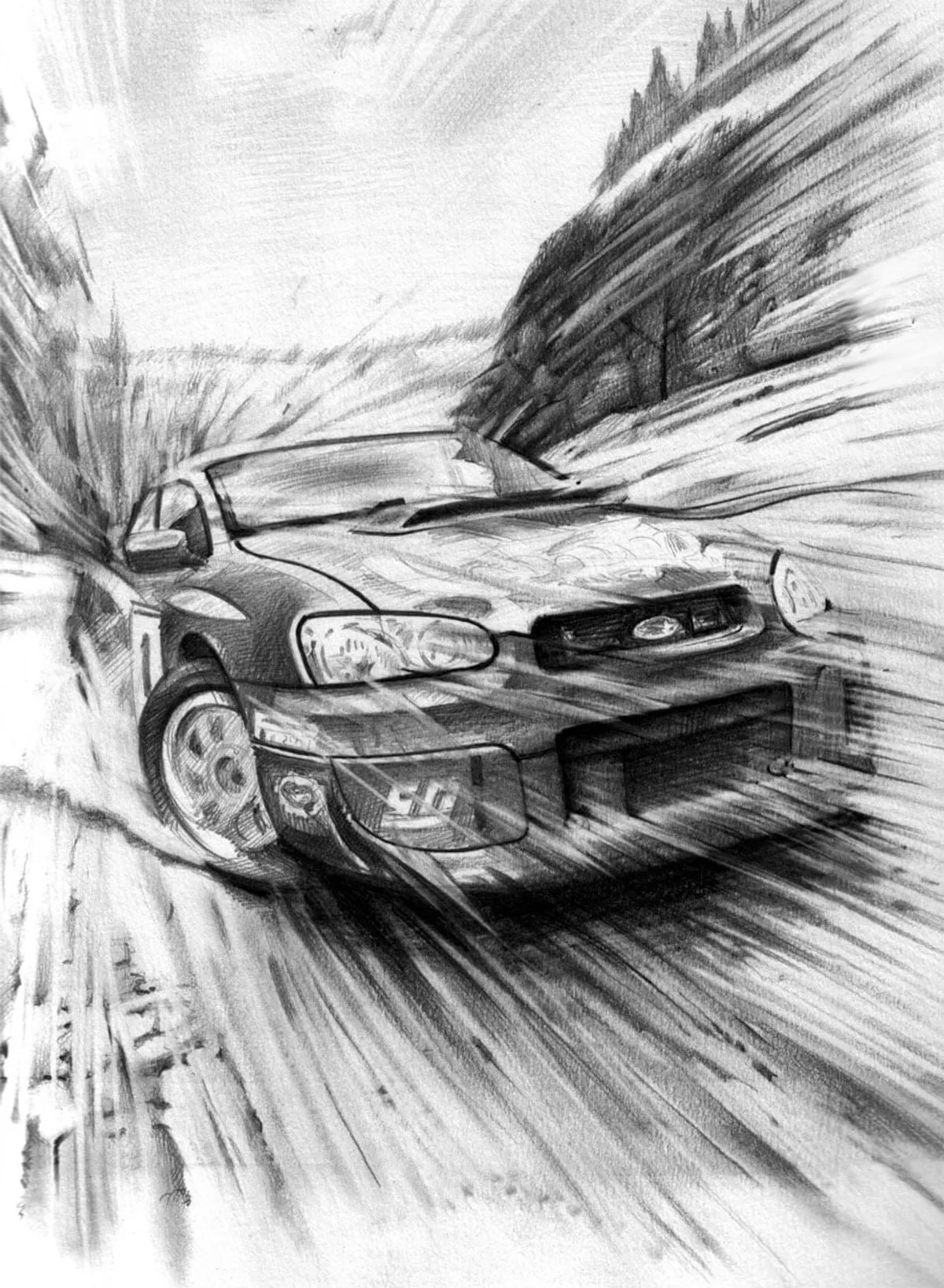 Dipinto di Andrea Del Pesco: McRAE SUBARU IMPREZA WRC — matita su carta