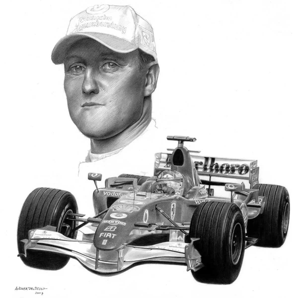Dipinto di Andrea Del Pesco: MICHAEL SCHUMACHER E FERRARI 248-F1 — matita su carta