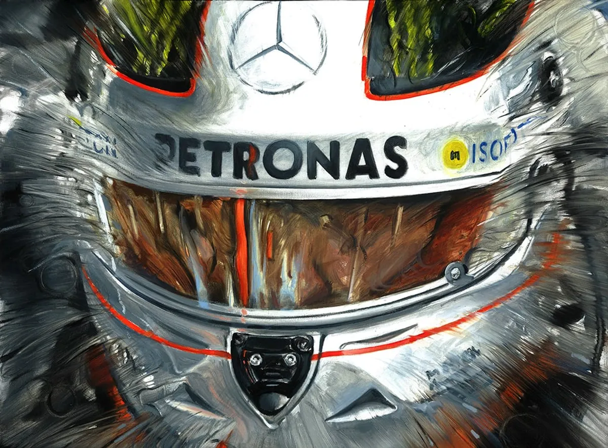 Dipinto di Andrea Del Pesco: MICHAEL SCHUMACHER MERCEDES AMG PETRONAS F1 TEAM HELMET BOX COCKPIT — olio su tela