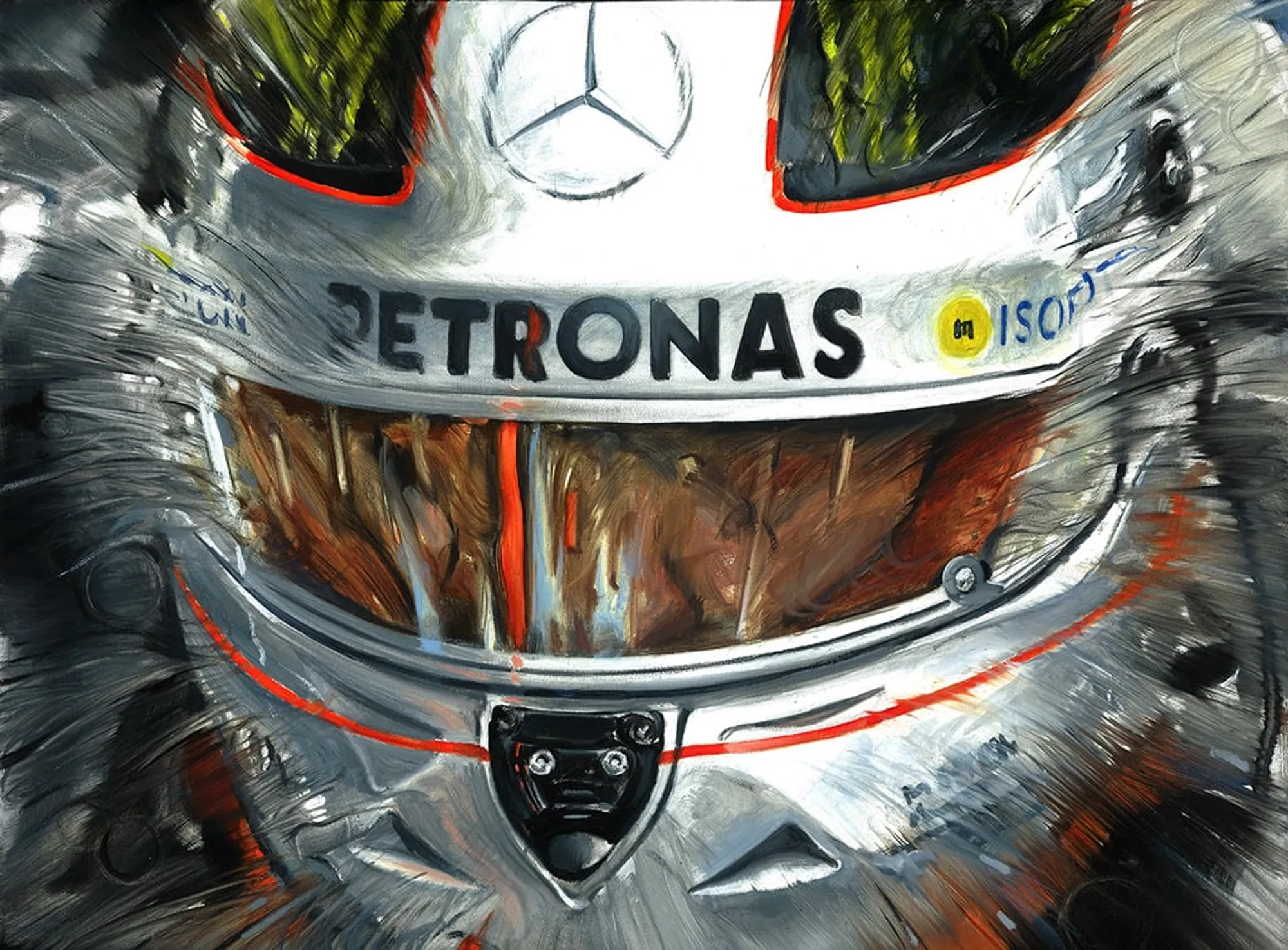Dipinto di Andrea Del Pesco: MICHAEL SCHUMACHER MERCEDES AMG PETRONAS F1 TEAM HELMET BOX COCKPIT — olio su tela