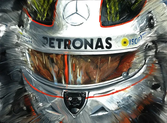 Dipinto di Andrea Del Pesco: MICHAEL SCHUMACHER MERCEDES AMG PETRONAS F1 TEAM HELMET BOX COCKPIT — olio su tela