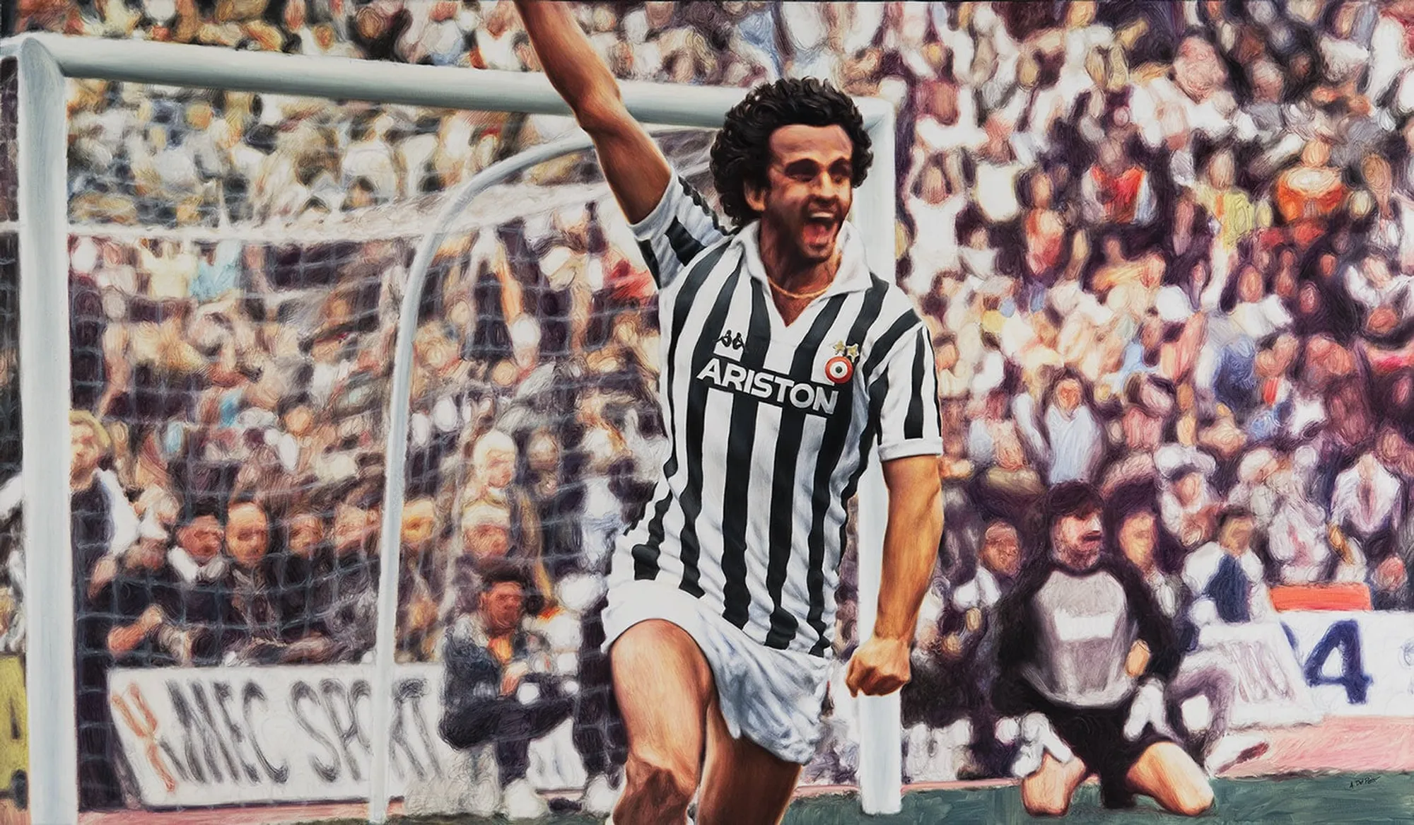 Dipinto di Andrea Del Pesco: MICHEL PLATINI, JUVENTUS F.C. 1983 — olio su tela