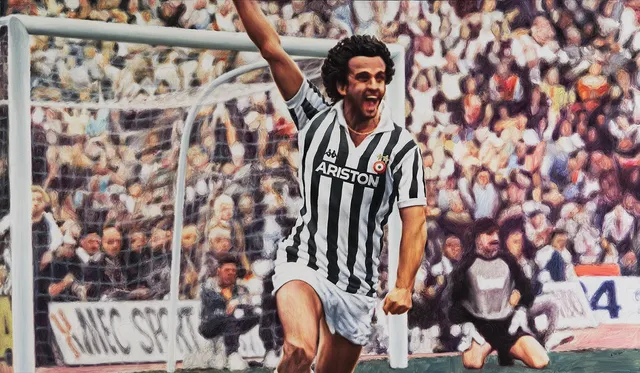 Dipinto di Andrea Del Pesco: MICHEL PLATINI, JUVENTUS F.C. 1983 — olio su tela