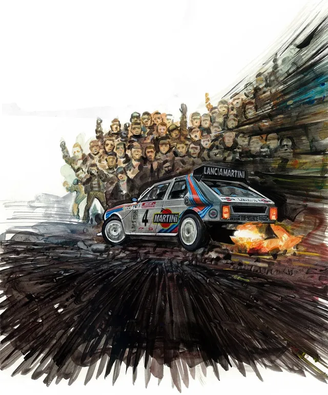 Dipinto di Andrea Del Pesco: MIKI BIASION E LANCIA DELTA S4 (dvd La Gazzetta dello Sport) — Acrylic on board