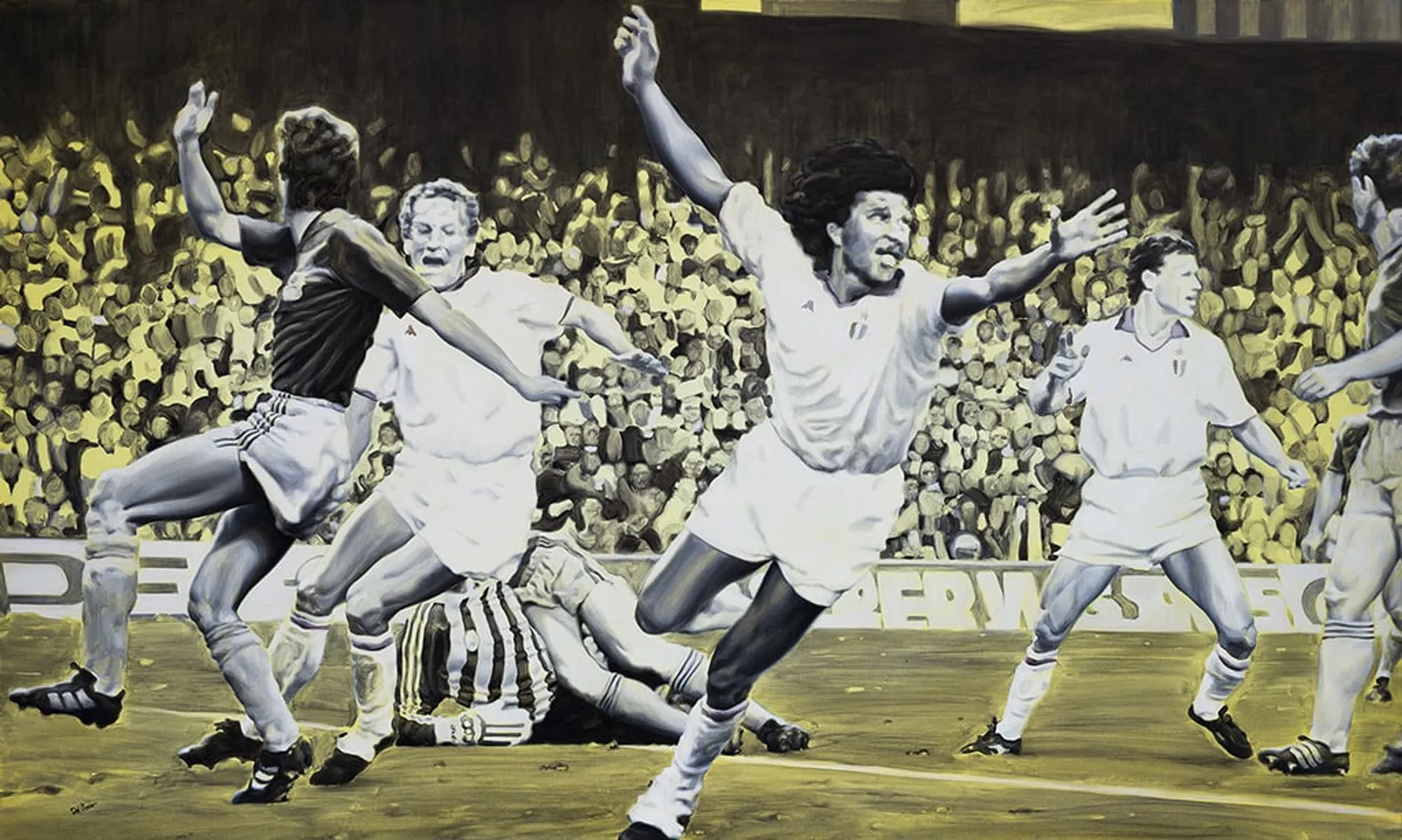 Dipinto di Andrea Del Pesco: MILAN - STEAUA BUCAREST 4-0 FINALE COPPA DEI CAMPIONI, BARCELLONA 1989 RUUD GULLIT SCORES THE FIRST GOAL — olio su tela