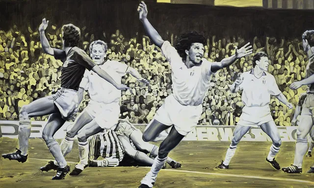Dipinto di Andrea Del Pesco: MILAN - STEAUA BUCAREST 4-0 FINALE COPPA DEI CAMPIONI, BARCELLONA 1989 RUUD GULLIT SCORES THE FIRST GOAL — olio su tela