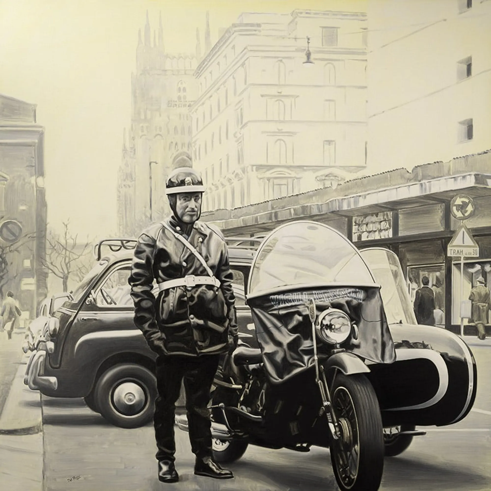 Dipinto di Andrea Del Pesco: MILANO 1957, VIGILE URBANO CON SIDECAR MOTOGUZZI — olio su tela