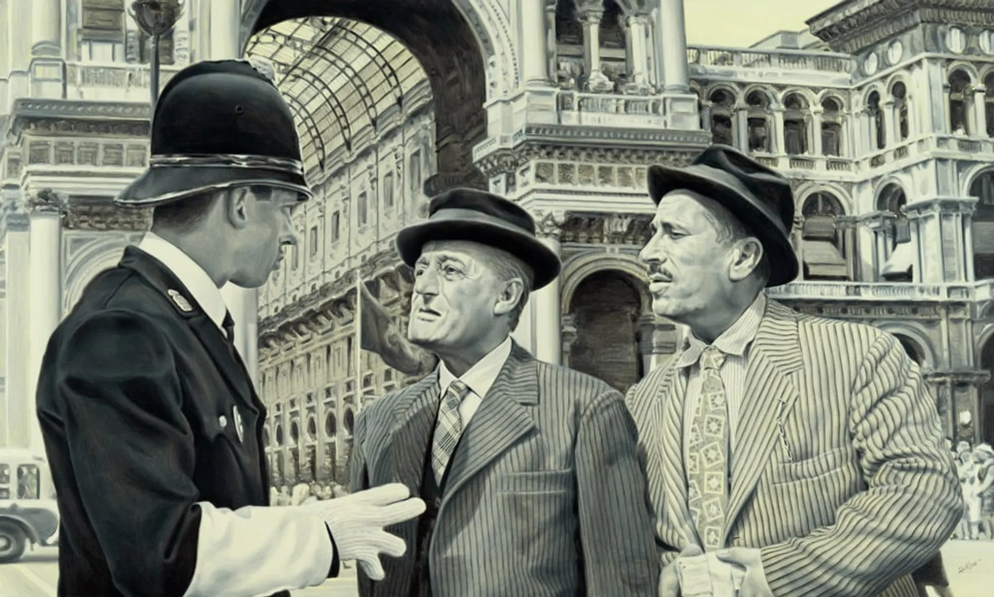 Dipinto di Andrea Del Pesco: MILANO PIAZZA DUOMO, 1956 (TOTÒ, PEPPINO E LA MALAFEMMINA) — olio su tela