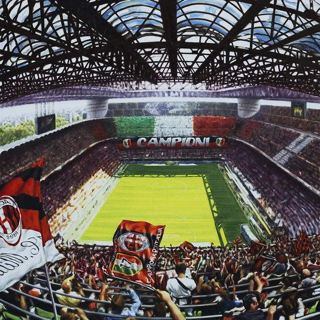 Dipinto di Andrea Del Pesco: MILANO, STADIO GIUSEPPE MEAZZA DI SAN SIRO (MILAN 2004) — olio su tela