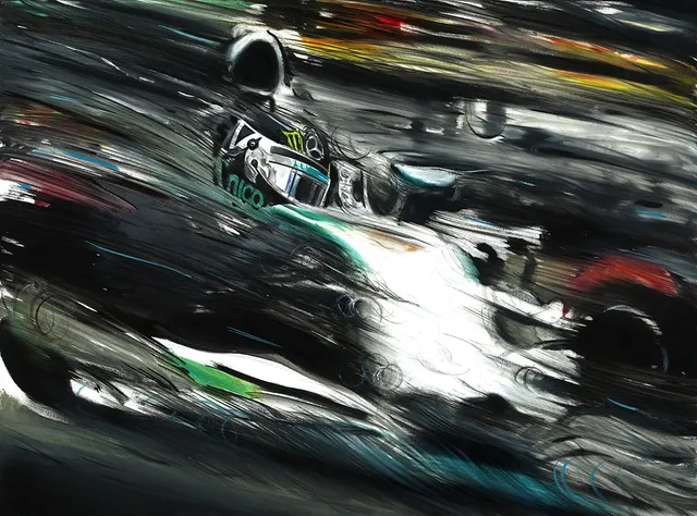 Dipinto di Andrea Del Pesco: NICO ROSBERG ON MERCEDES F1 W05 HYBRID PETRONAS V6 TURBO MONACO G.P. 2014 — olio su tela