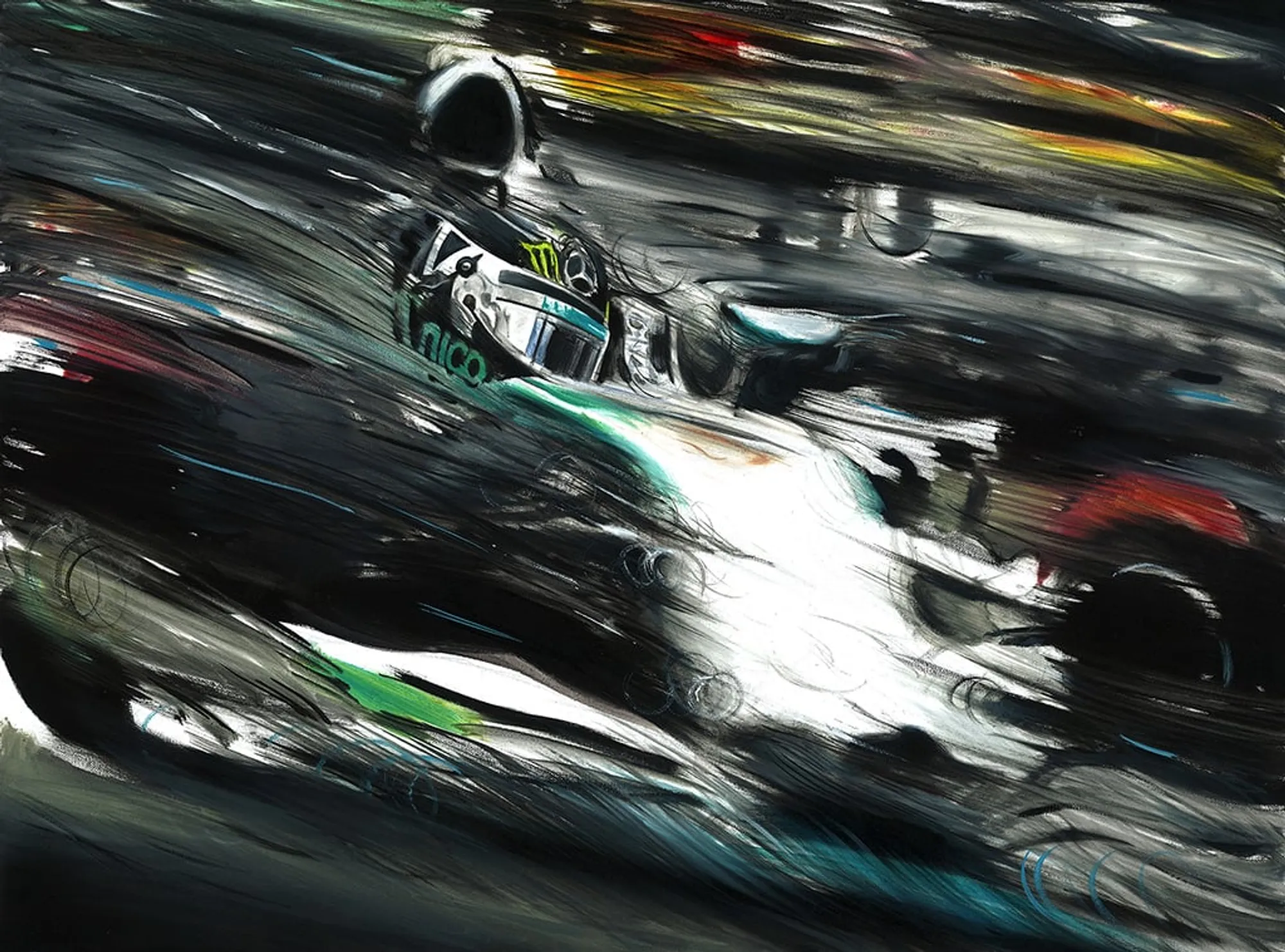 Dipinto di Andrea Del Pesco: NICO ROSBERG ON MERCEDES F1 W05 HYBRID PETRONAS V6 TURBO MONACO G.P. 2014 — olio su tela