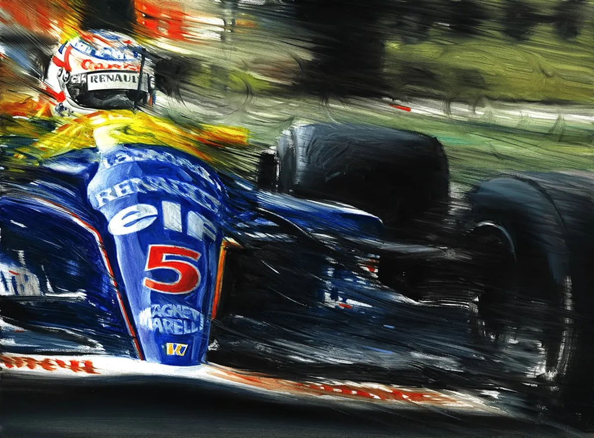 Dipinto di Andrea Del Pesco: NIGEL MANSELL ON WILLIAMS-RENAULT FW14B MONACO G.P. 1992 — olio su tela