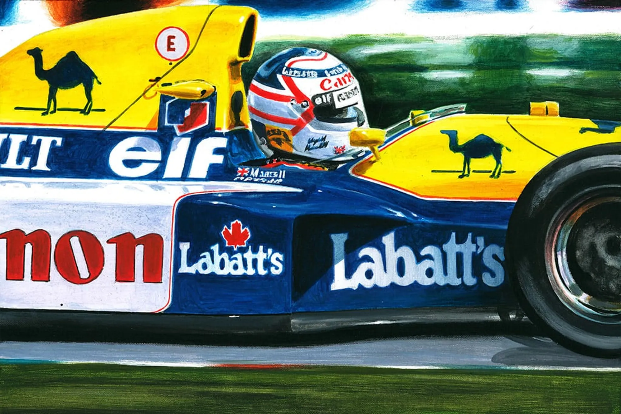 Dipinto di Andrea Del Pesco: NIGEL MANSELL ON WILLIAMS-RENAULT FW14B — Tempera acrilica su tela