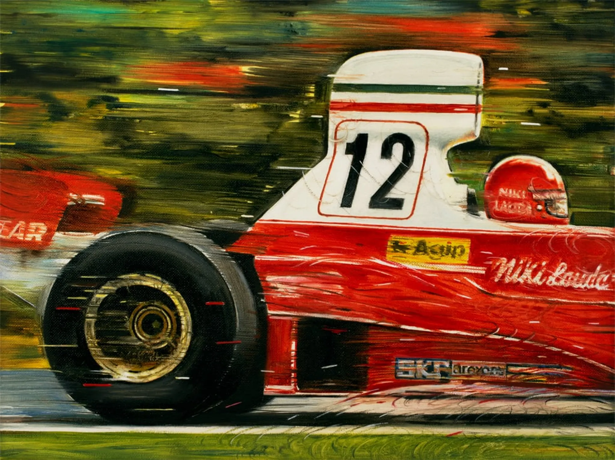 Dipinto di Andrea Del Pesco: NIKI LAUDA FERRARI 312 T, 1975 — olio su tela