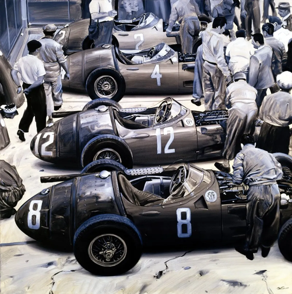 Dipinto di Andrea Del Pesco: OFFICINA MASERATI 1956 — olio su tela