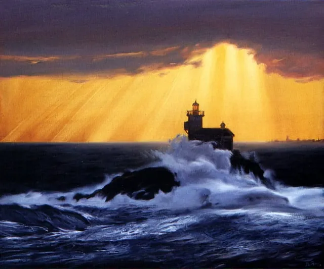 Dipinto di Andrea Del Pesco: PAESAGGIO CON FARO — olio su tela
