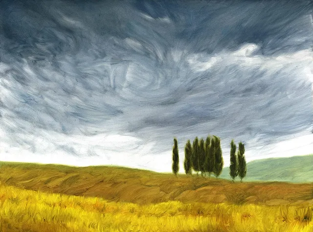 Dipinto di Andrea Del Pesco: PAESAGGIO TOSCANO CON CIPRESSI — olio su tela