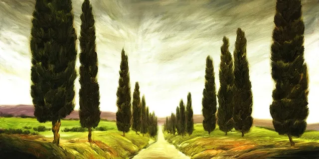 Dipinto di Andrea Del Pesco: PAESAGGIO TOSCANO CON CIPRESSI — olio su tela