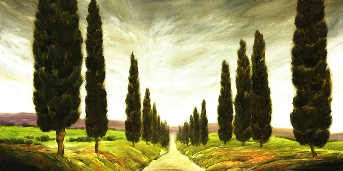 Dipinto di Andrea Del Pesco: PAESAGGIO TOSCANO CON CIPRESSI — olio su tela