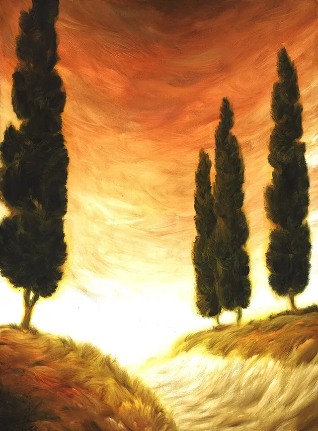Dipinto di Andrea Del Pesco: PAESAGGIO TOSCANO CON CIPRESSI — olio su tela