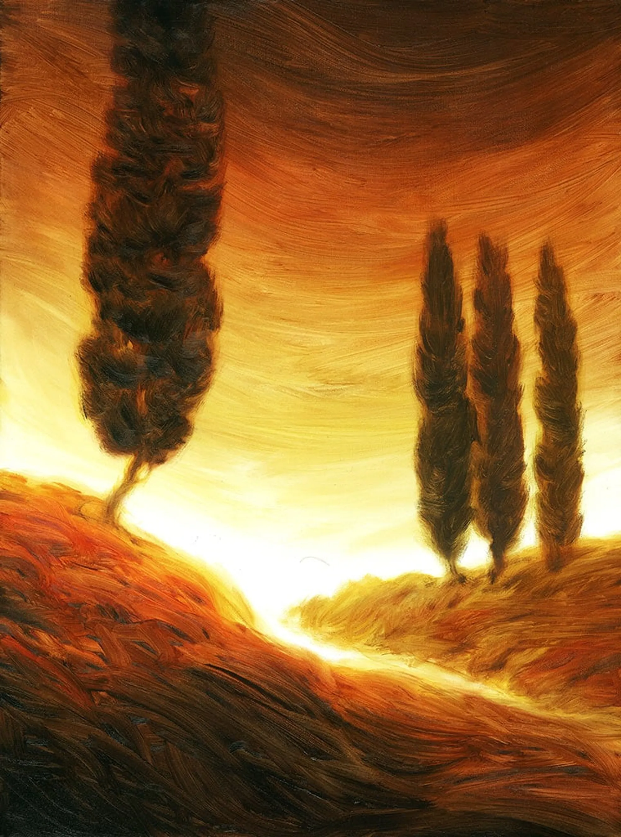 Dipinto di Andrea Del Pesco: PAESAGGIO TOSCANO CON CIPRESSI — olio su tela