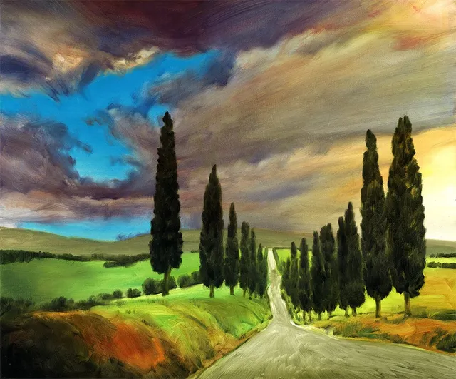 Dipinto di Andrea Del Pesco: PAESAGGIO TOSCANO CON CIPRESSI — olio su tela