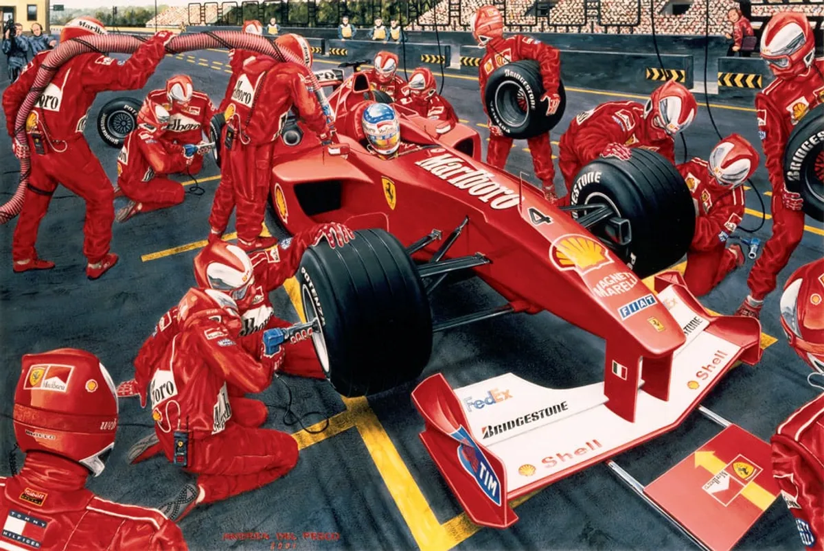 Dipinto di Andrea Del Pesco: PIT-STOP FERRARI F1-2000 — Acrilico su tavola