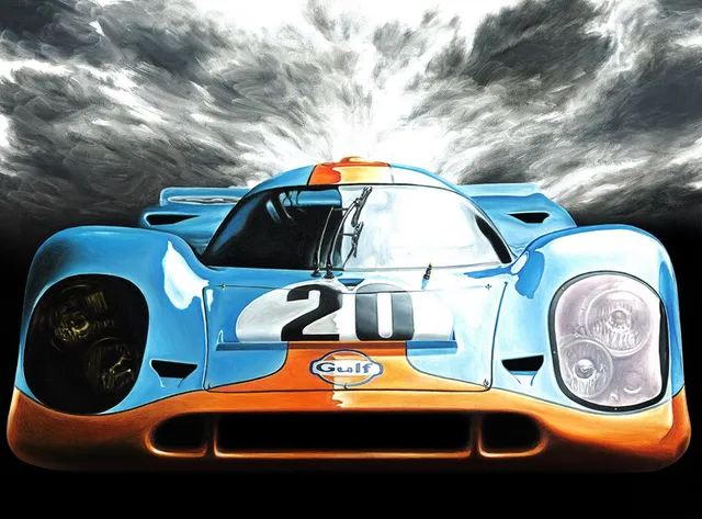 Dipinto di Andrea Del Pesco: PORSCHE 917 GULF STEVE McQUEEN LE MANS 1970 — olio su tela