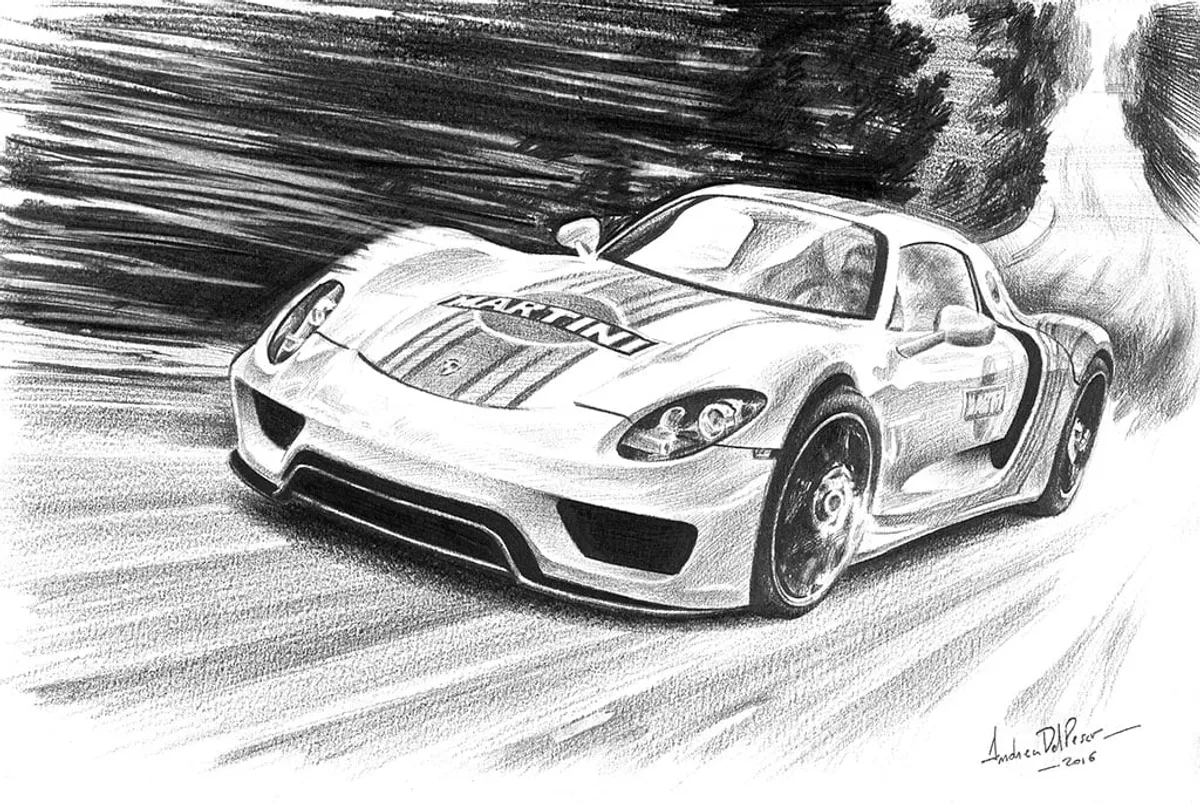 Dipinto di Andrea Del Pesco: PORSCHE 918 SPYDER MARTINI RACING — matita su carta