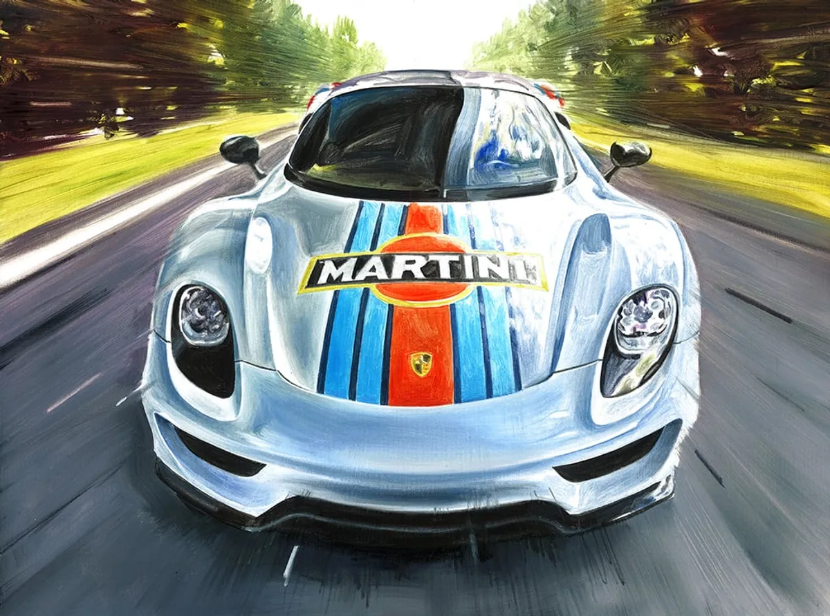 Dipinto di Andrea Del Pesco: PORSCHE 918 SPYDER MARTINI RACING — olio su tela