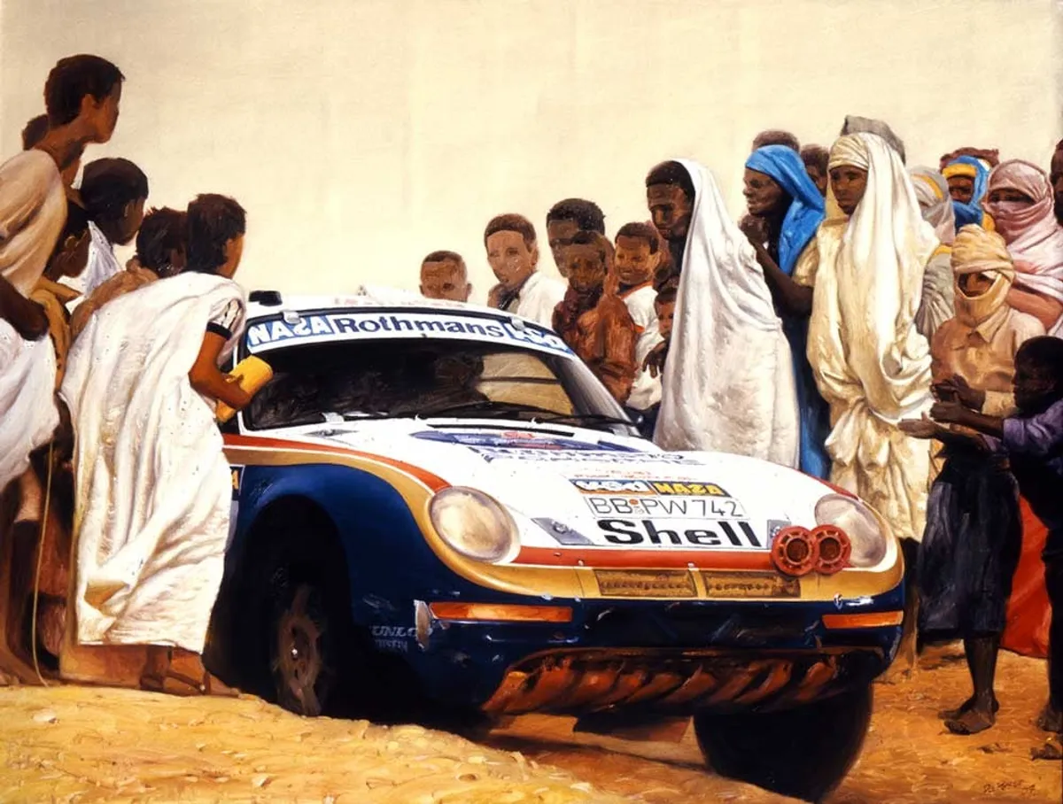 Dipinto di Andrea Del Pesco: PORSCHE 959, PARIGI-DAKAR — olio su tela