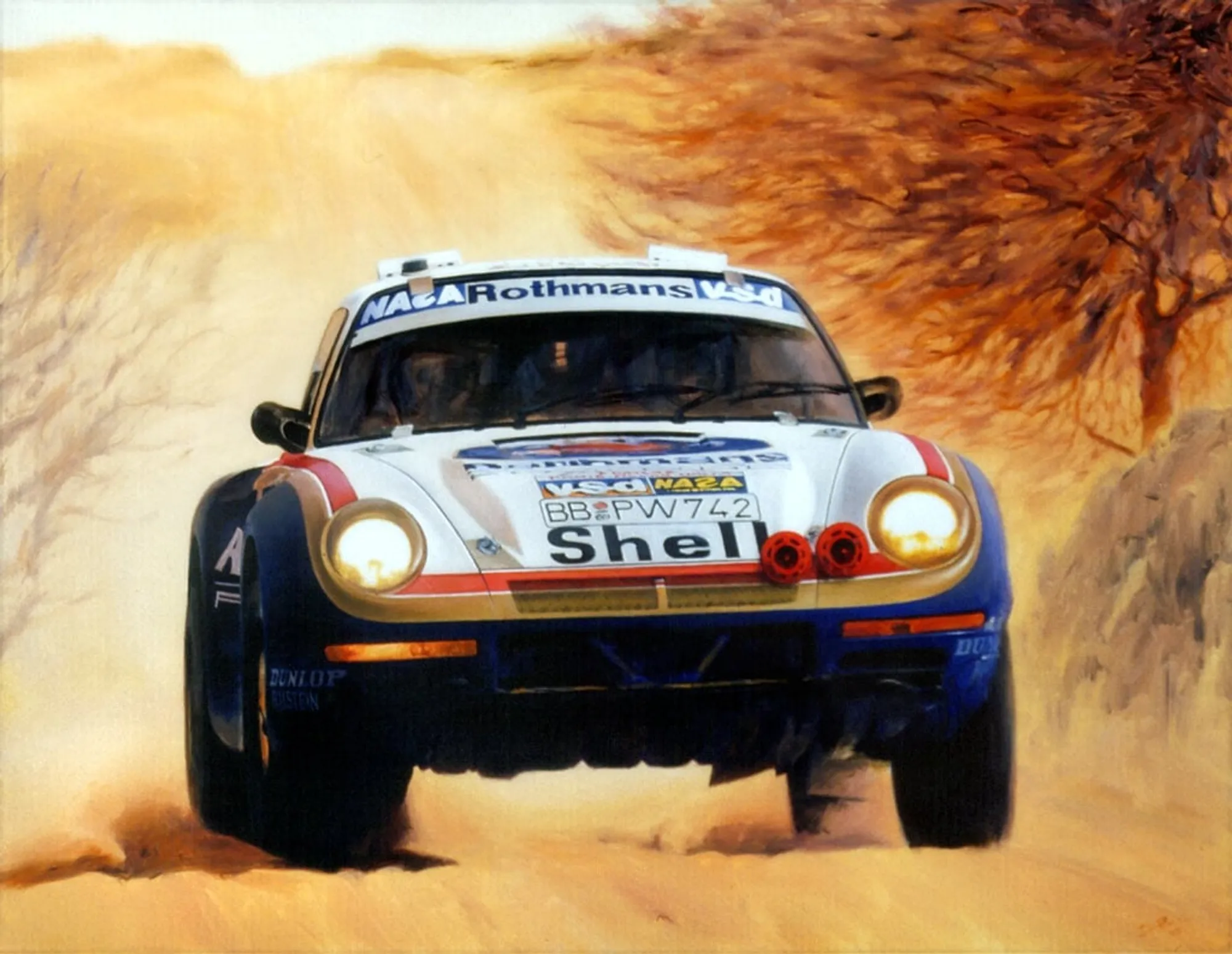 Dipinto di Andrea Del Pesco: PORSCHE 959, PARIGI-DAKAR — olio su tela
