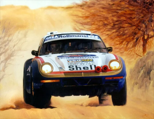 Dipinto di Andrea Del Pesco: PORSCHE 959, PARIGI-DAKAR — olio su tela