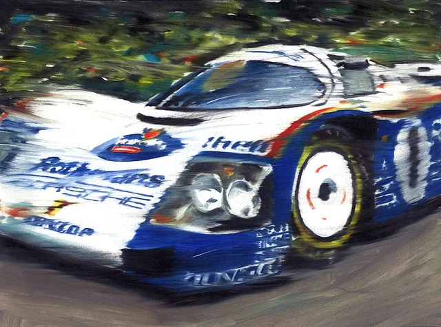 Dipinto di Andrea Del Pesco: PORSCHE 962C ROTHMANS, STUCK/BELL/HOLBERT, LE MANS WINNER 1987 — olio su tela