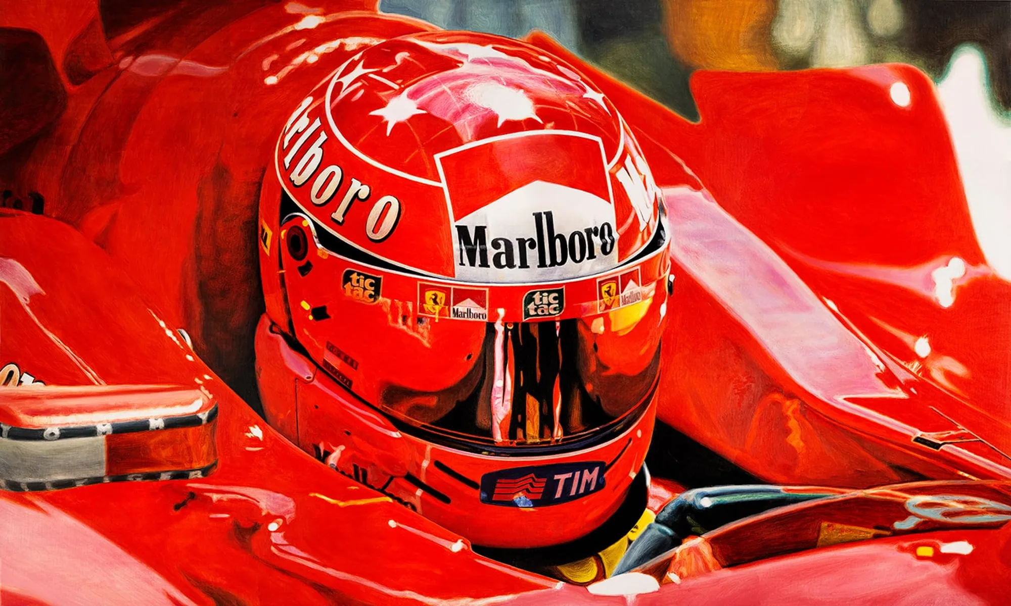 Dipinto di Andrea Del Pesco: "RED" - MICHAEL SCHUMACHER IN THE FERRARI F1-2000 COCKPIT — olio su tela