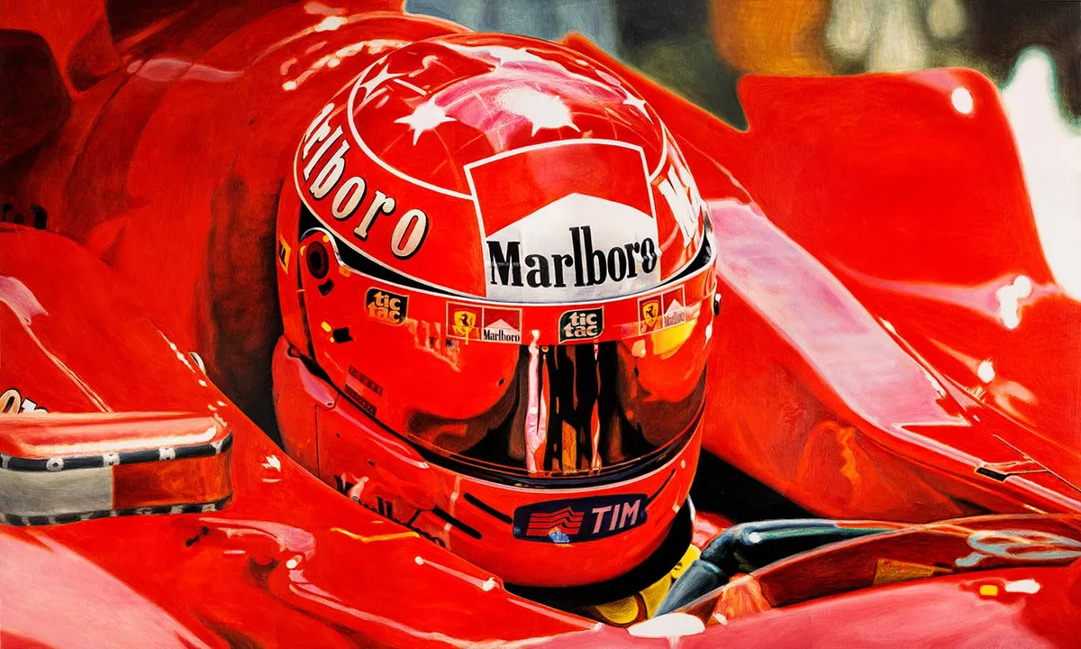 Dipinto di Andrea Del Pesco: "RED" - MICHAEL SCHUMACHER IN THE FERRARI F1-2000 COCKPIT — olio su tela