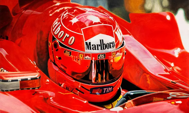 Dipinto di Andrea Del Pesco: "RED" - MICHAEL SCHUMACHER IN THE FERRARI F1-2000 COCKPIT — olio su tela