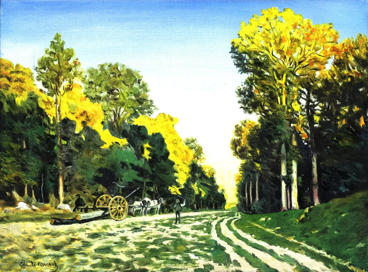 Copia d'arte dipinta da Andrea Del Pesco: Route de Chailly, Fontainebleau (originale di Claude MONET)