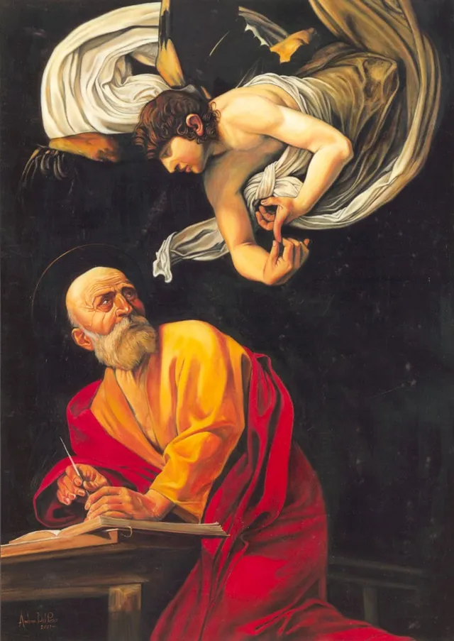 Copia d'arte dipinta da Andrea Del Pesco: San Matteo e l'Angelo (originale di CARAVAGGIO)