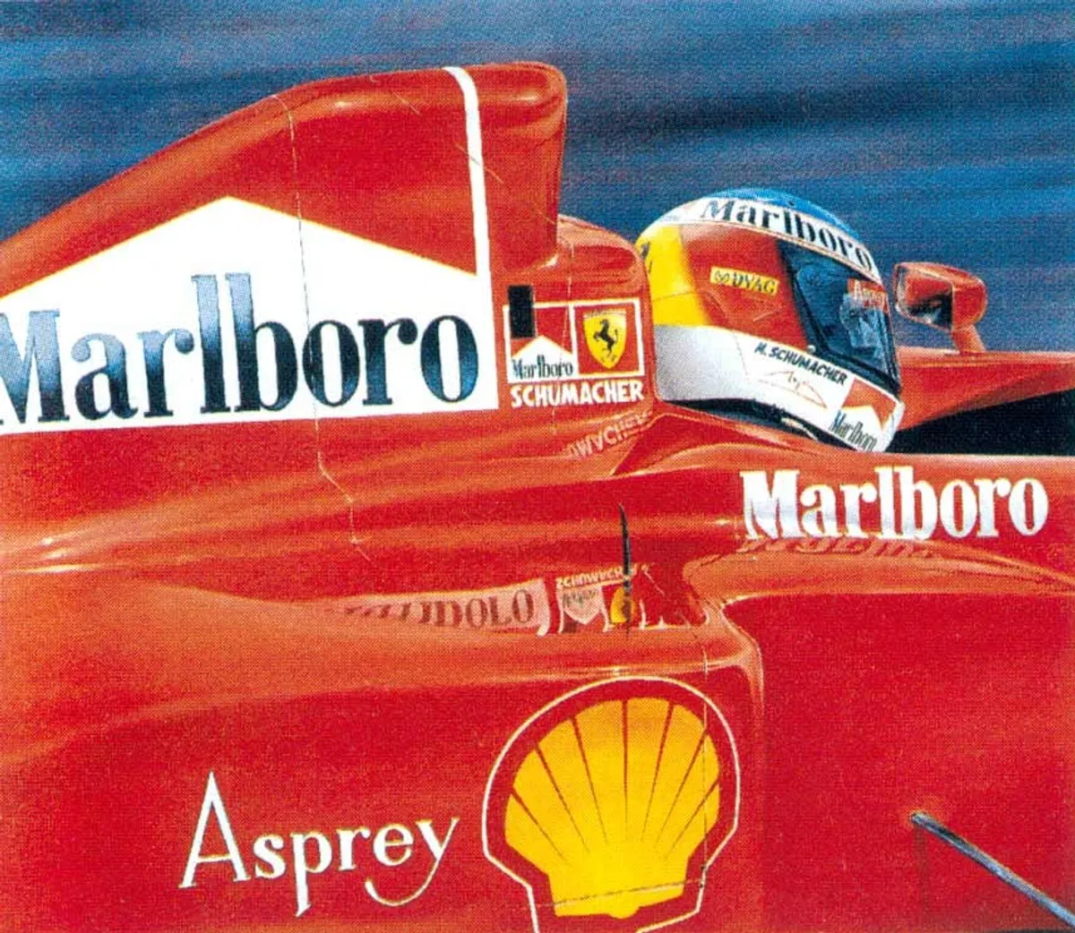 Dipinto di Andrea Del Pesco: SCHUMACHER E FERRARI F-310B — acrilico su tela