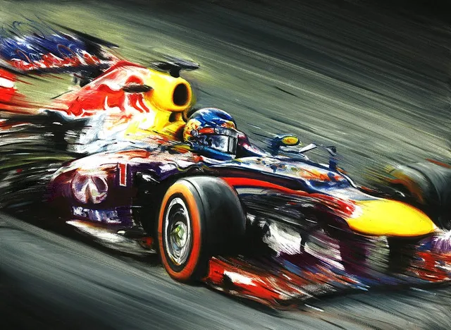 Dipinto di Andrea Del Pesco: SEBASTIAN VETTEL ON INFINITI RED BULL RB9 RENAULT — olio su tela