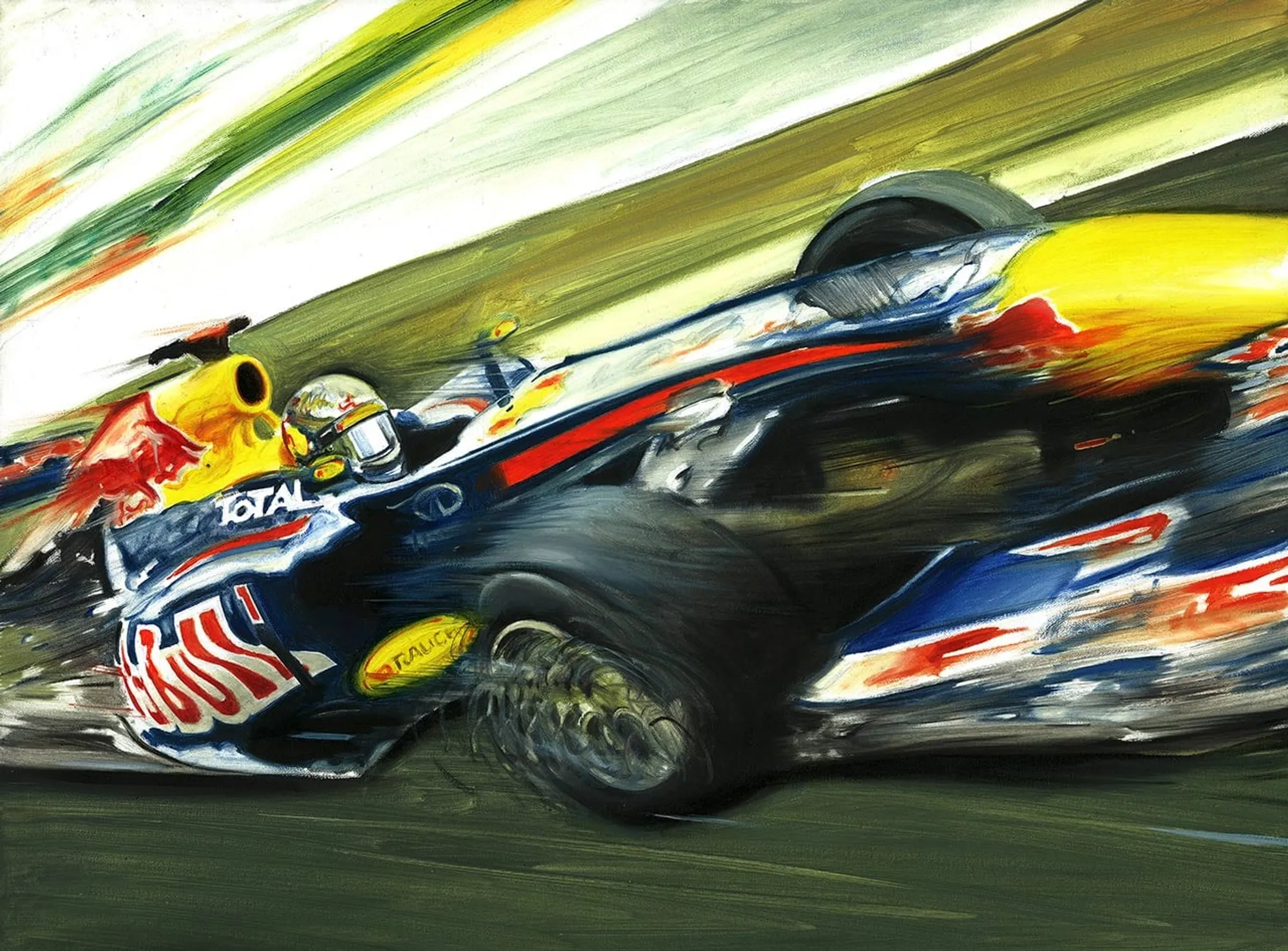 Dipinto di Andrea Del Pesco: SEBASTIAN VETTEL ON RED BULL RB7 RENAULT — olio su tela